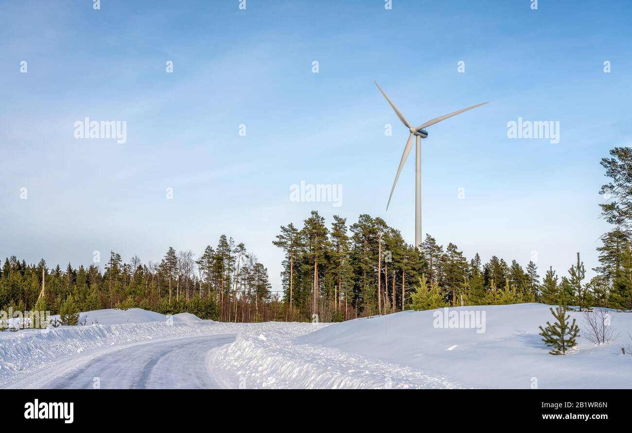 Foto von Windmühle und kurvige Straße im Winter Kiefernwald, blauer Himmel, neblige Wintersonne, umweltfreundliche saubere Energie Stockfoto