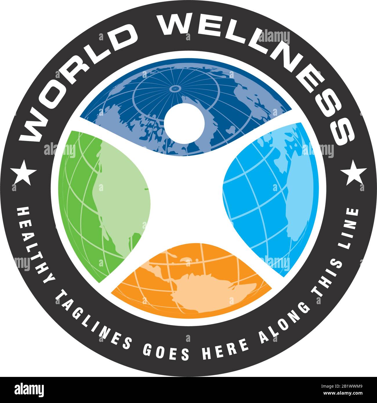 World Wellness Emblem Logo mit menschlicher Figur, die den Globus zu vier Farbteilen teilt Stock Vektor