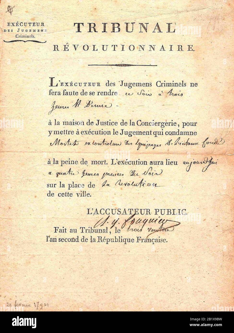 Todesurteil, unterzeichnet von Fouquier Tinville, Staatsanwalt beim Komitee für öffentliche Sicherheit während der französischen Revolution Stockfoto