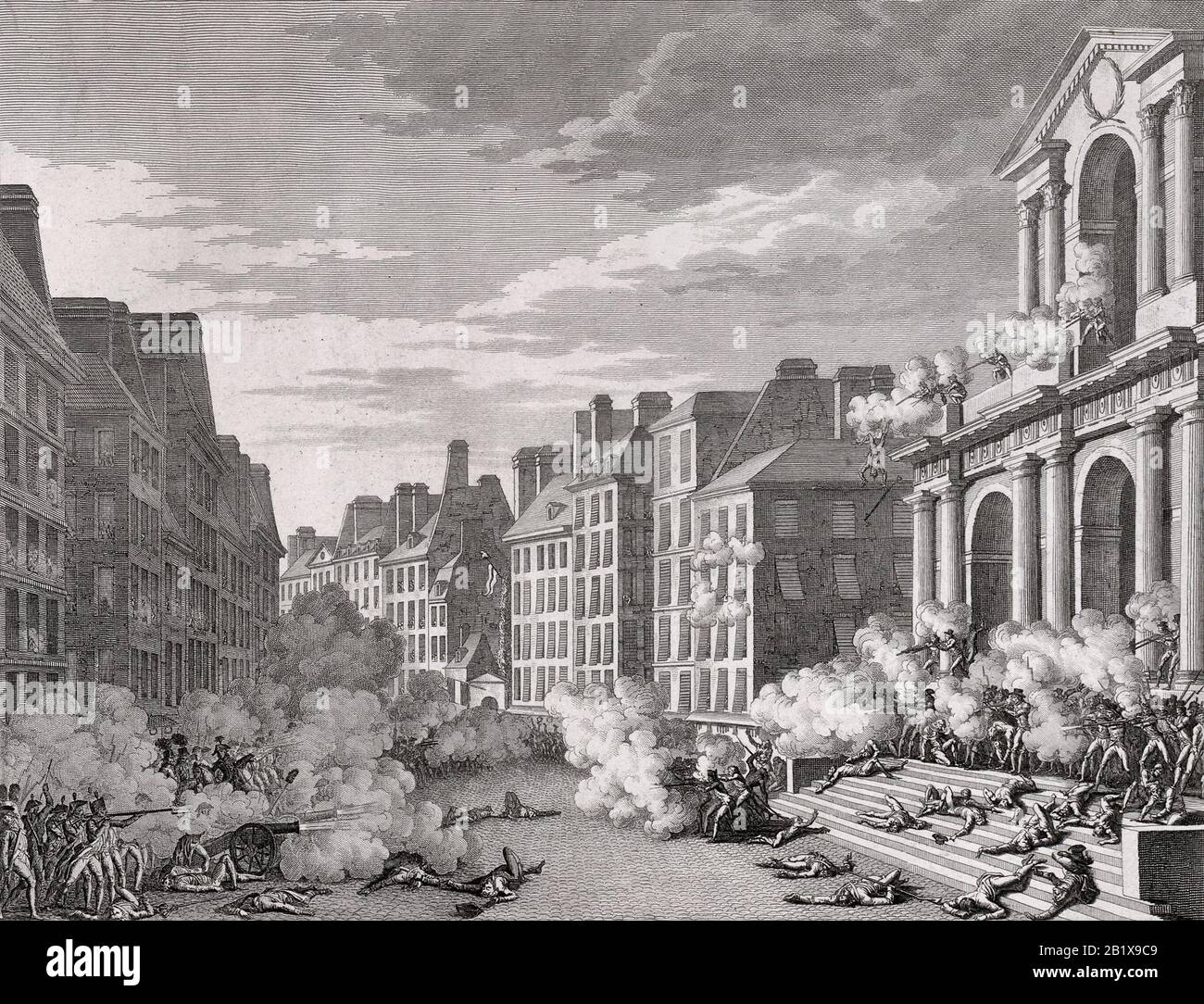 Angriff auf die Nationalkonvention. Royalistischer Aufstand des 13. Vendémiaire Jahres IV (5. Oktober 1795), der vor der Kirche Saint-Roch erschießt Stockfoto