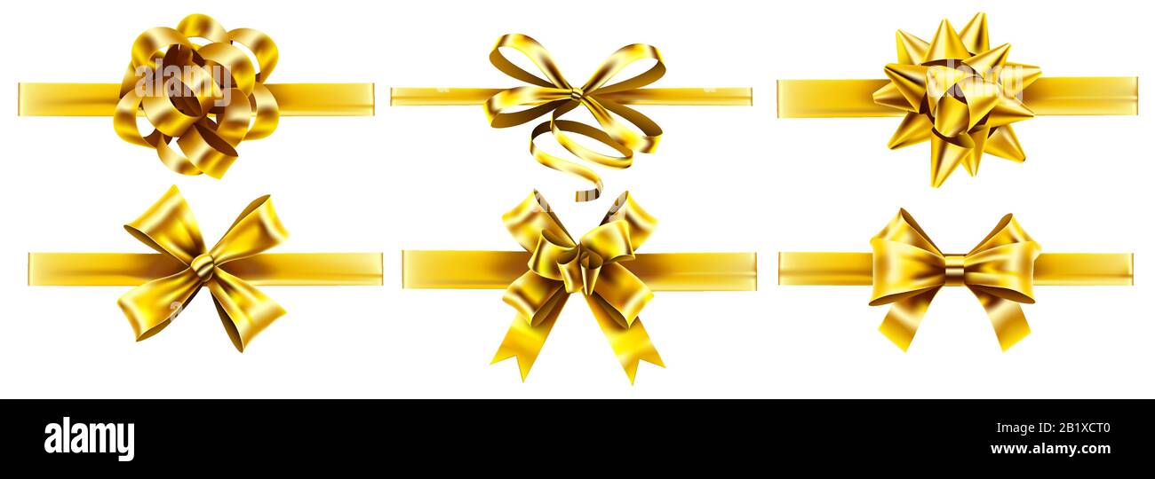 Realistische goldene Bänder mit Schleifen. Weihnachtsgeschenk Goldband Schleife, Geschenk umhüllt realistischen Vektorsatz Stock Vektor