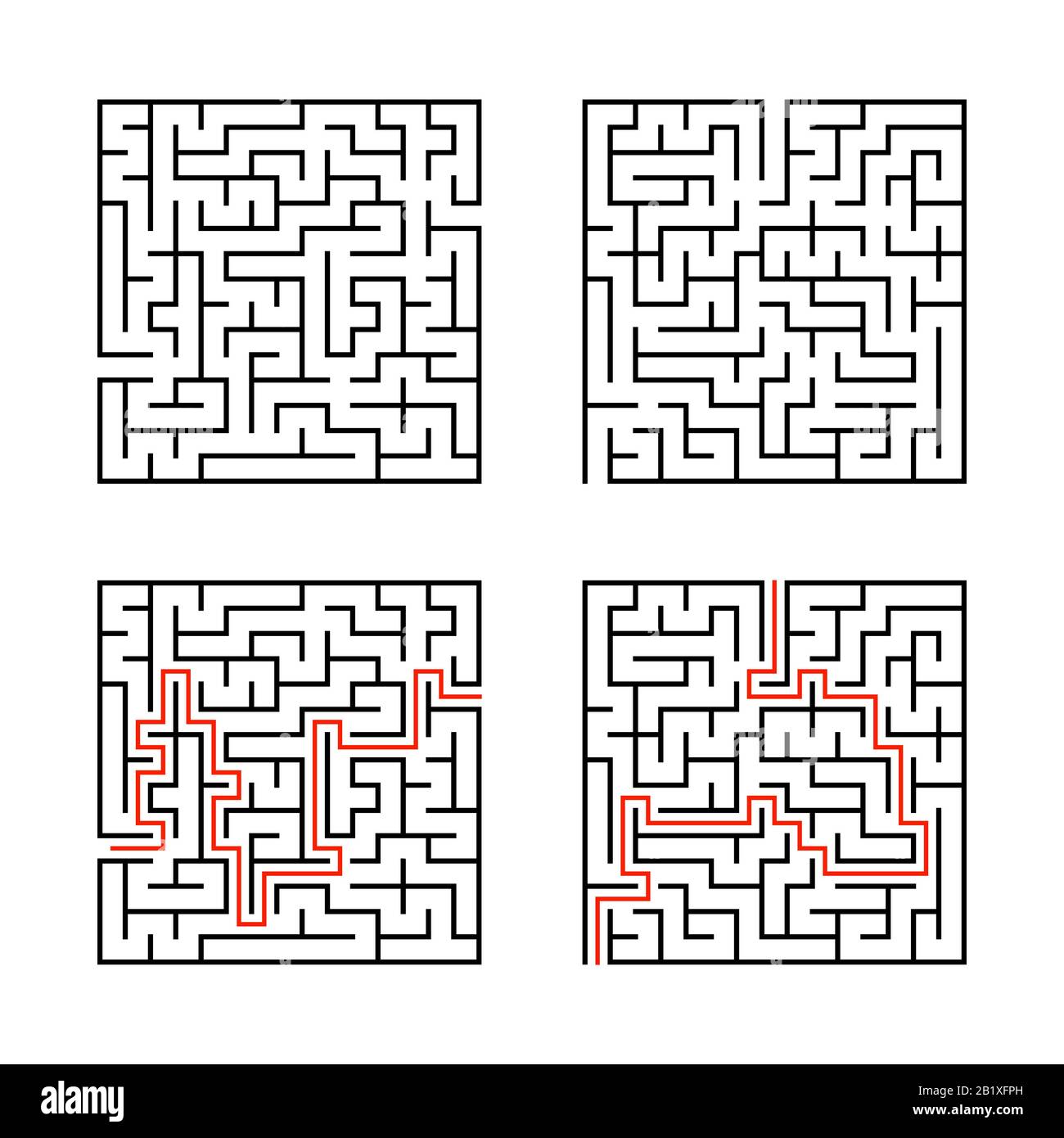 Ein Satz quadratischer Labyrinthe. Spiel für Kinder. Puzzle für Kinder. Labyrinth-Rätsel. Flache Vektorgrafiken isoliert auf weißem Hintergrund. Mit Antwort. Stock Vektor