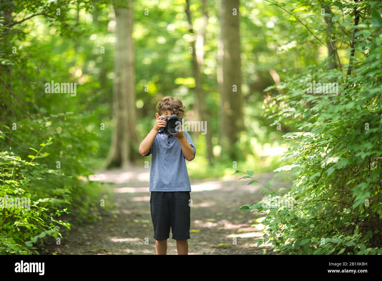 Kleiner Junge, der im Wald fotografieren kann. Stockfoto