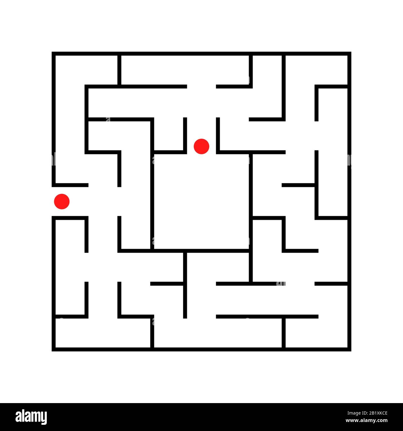 Schwarzes abstraktes quadratisches Labyrinth mit einem Ort für Ihr Bild. Ein interessantes und nützliches Spiel für Kinder. Eine einfache, flache Vektorgrafik, die auf einem Weiß isoliert ist Stock Vektor