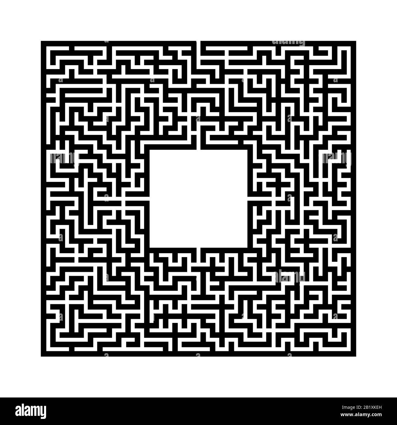 Schwarzes abstraktes quadratisches Labyrinth mit einem Ort für Ihr Bild. Ein interessantes und nützliches Spiel für Kinder. Eine einfache, flache Vektorgrafik, die auf einem Weiß isoliert ist Stock Vektor