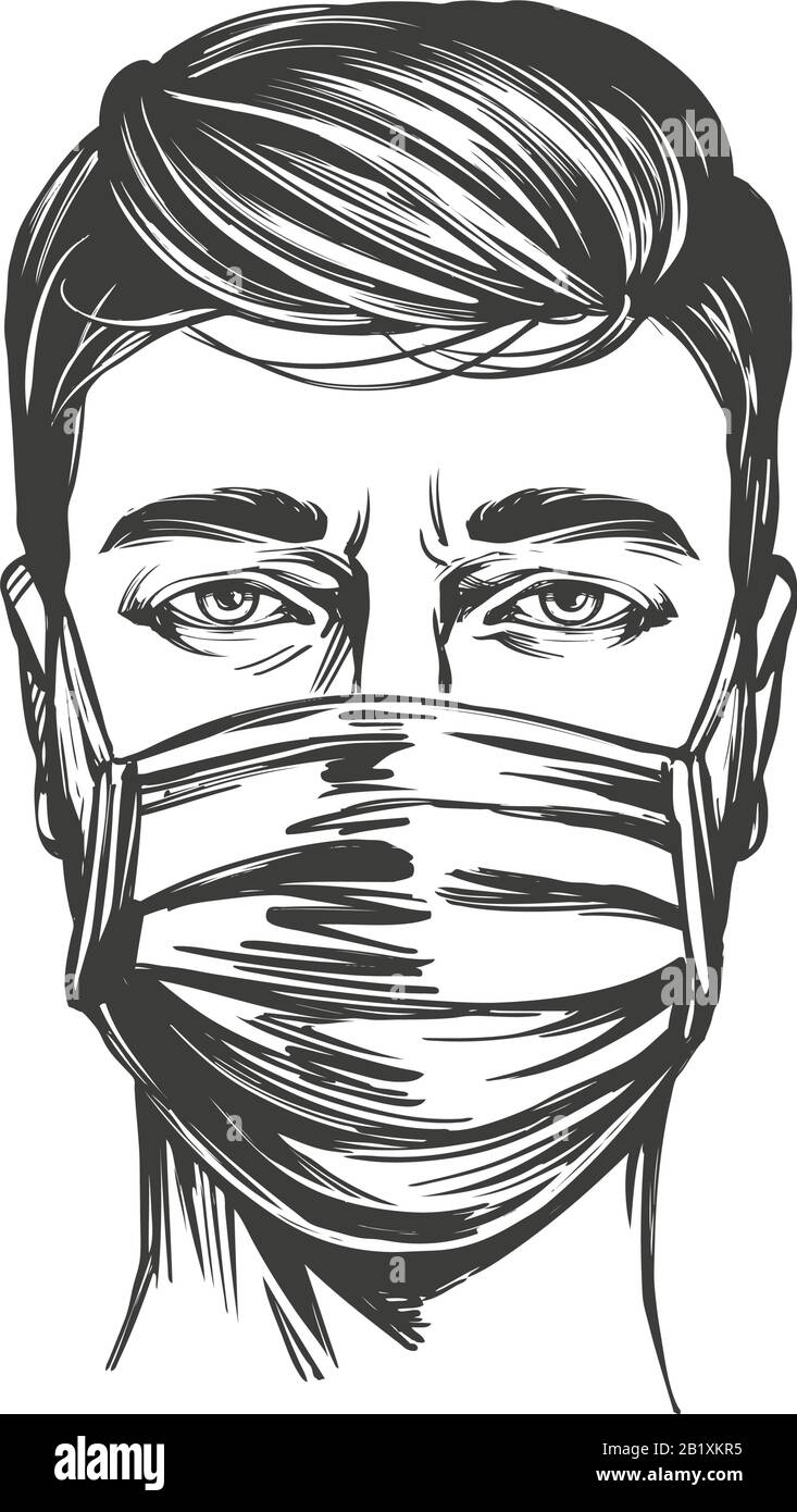 Coronavirus ist eine gefährliche Krankheit, ein Mann in einer Maske, ein Atemschutzgerät, Schutz vor dem Virus. Handgezeichnete Vektorgrafik Skizze. Stock Vektor