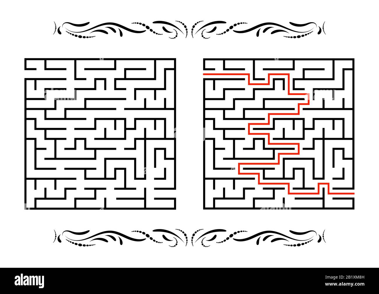 Abstraktes quadratisches Labyrinth. Spiel für Kinder. Puzzle für Kinder. Ein Eingang, ein Ausgang. Labyrinth-Rätsel. Flache Vektorgrafiken isoliert auf weißem Rücken Stock Vektor
