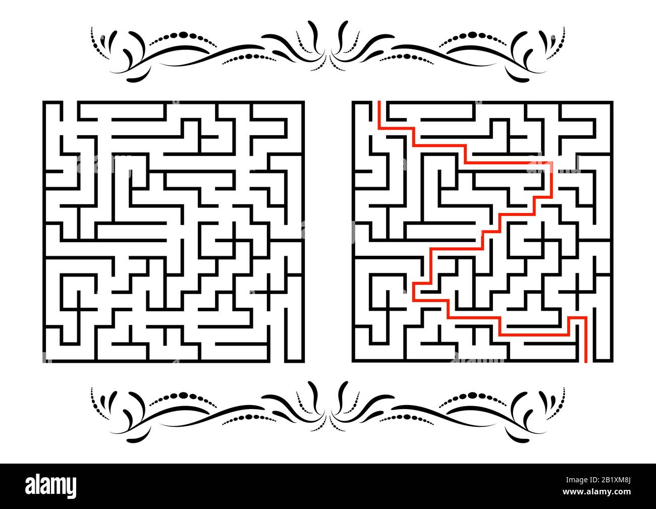 Abstraktes quadratisches Labyrinth. Spiel für Kinder. Puzzle für Kinder. Ein Eingang, ein Ausgang. Labyrinth-Rätsel. Flache Vektorgrafiken isoliert auf weißem Rücken Stock Vektor