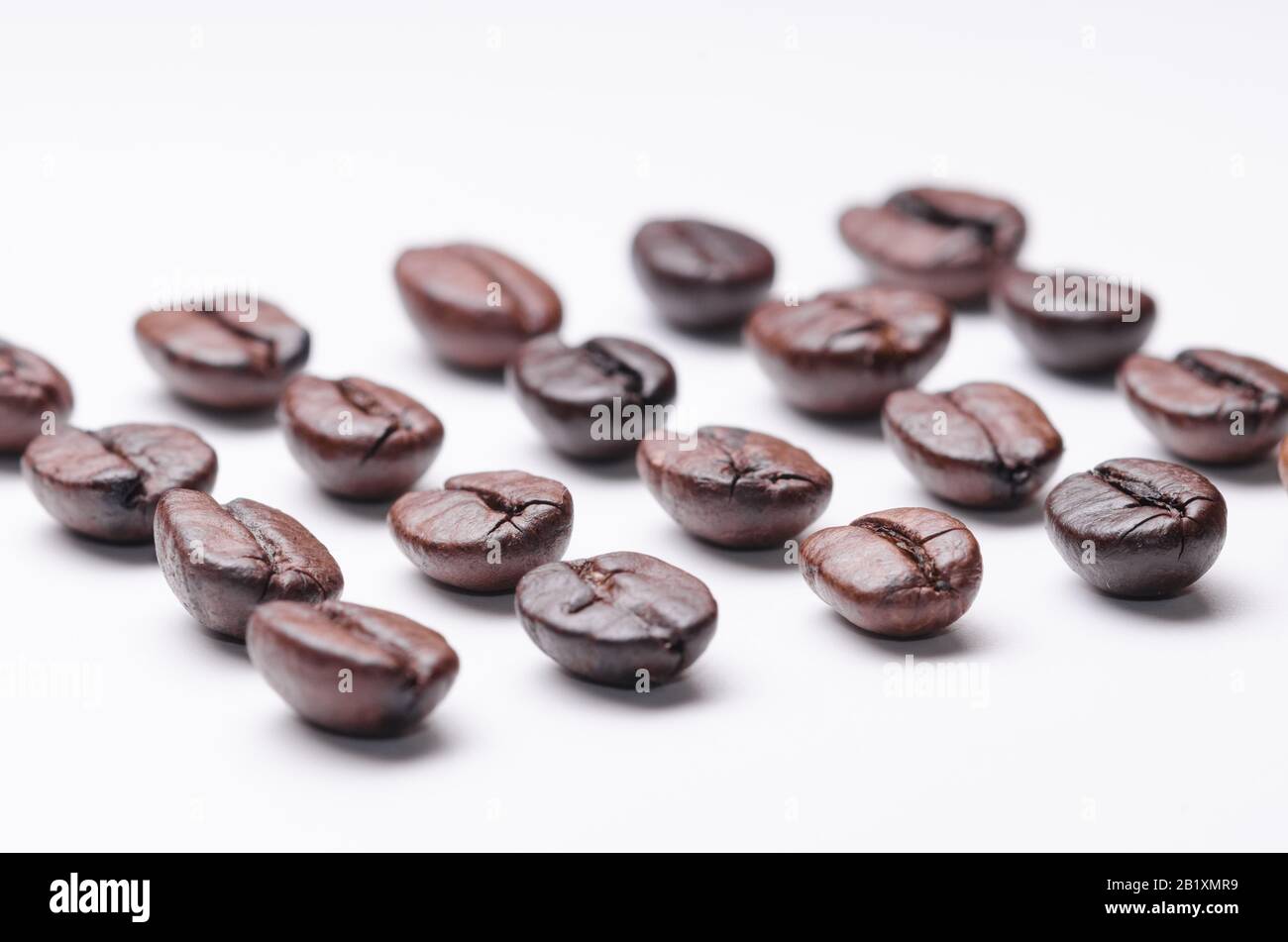 Kaffeebohnen, Kaffeebohnen arabica, Ordnung ausgerichtet Organisation, geröstet, Nahaufnahme Makro Stillleben, isoliert auf weißem Hintergrund, Blick von oben, innen Stockfoto