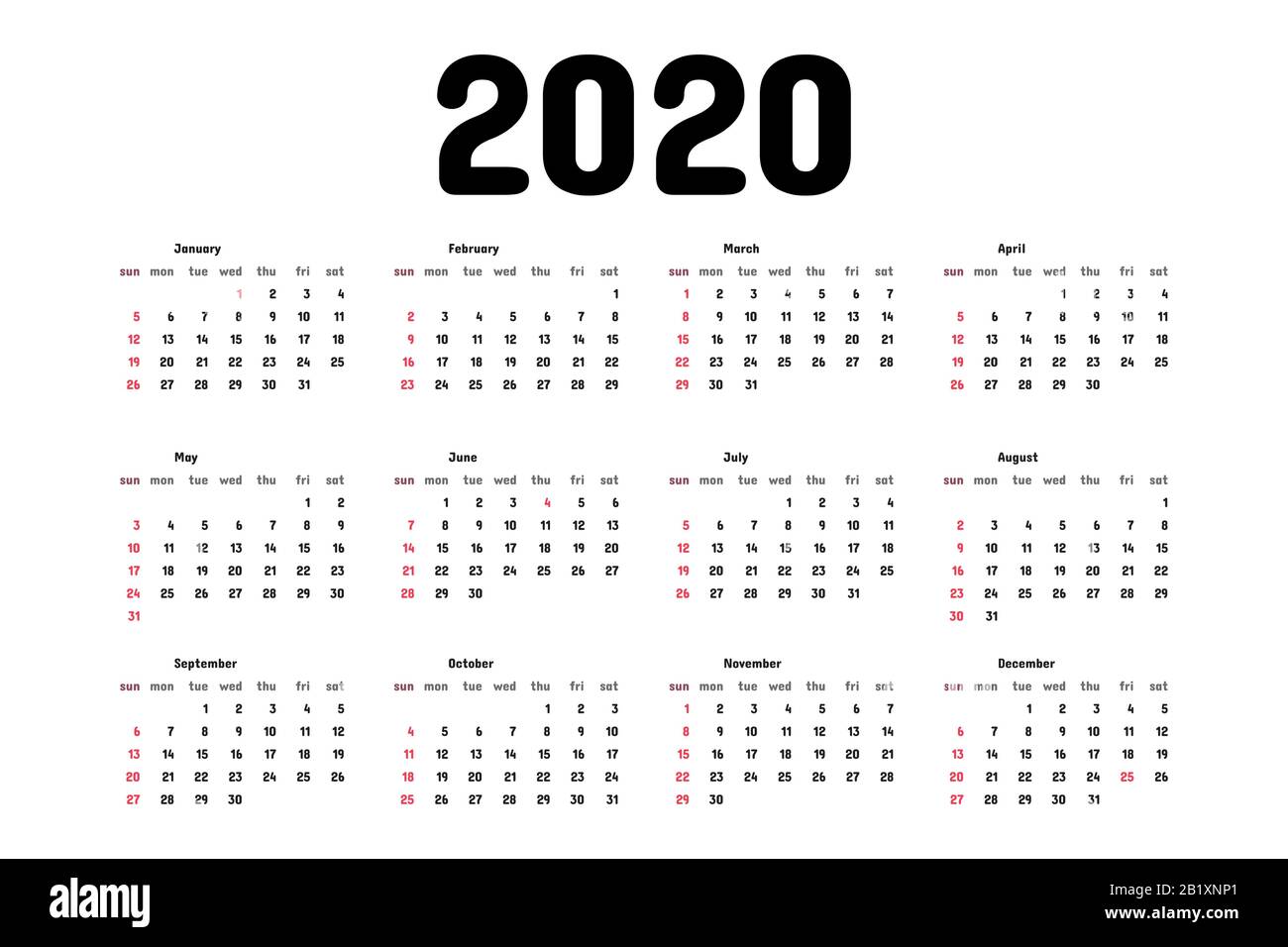 Vorlage für Kalender 2020. Kalender für Handwerker. Der Kalender beginnt am  sonntag. Vektorgrafiken Stock-Vektorgrafik - Alamy