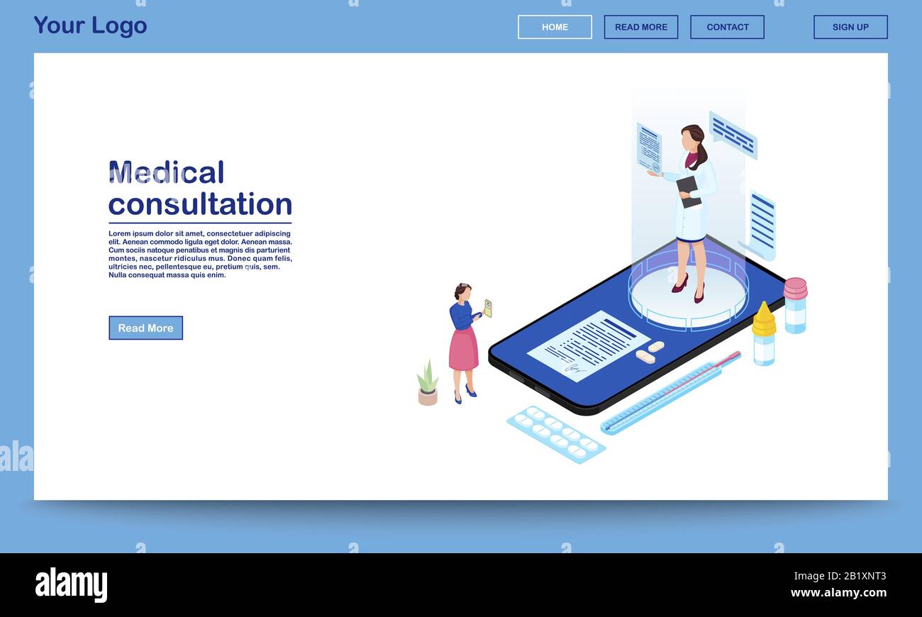 Online-Vorlage für isometrische Online-Promo-Webseite für medizinische Beratung. E-Health Mobile App Werbe-Zielseite mit Textbereich. Anruf beim Patienten Stock Vektor