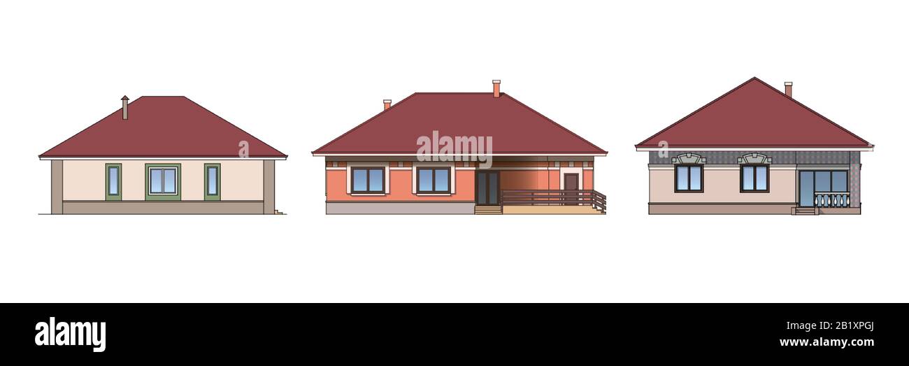 Satz architektonischer Fassaden von Häusern. Die Zeichnung der Cottages. Isoliert auf weißem Hintergrund. Mehrfarbige Vektorgrafiken EPS10 Stock Vektor