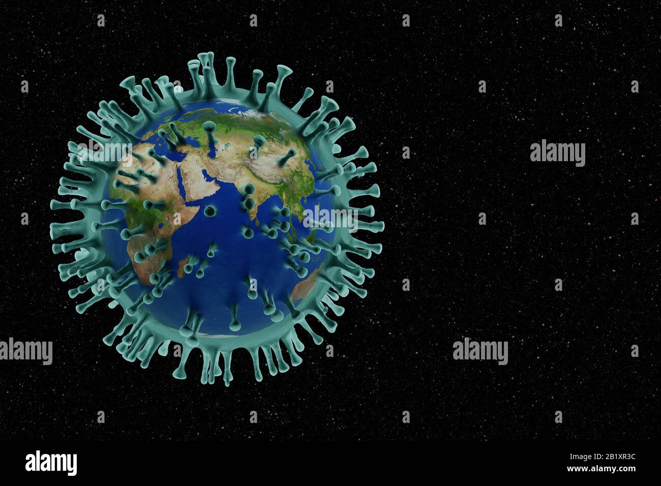3D-CGI machen Illustrationskonzept der Planetenerde-Pandemie, umgeben von dem neuartigen Coronavirus Covid-10 vor dem Hintergrund des Weltraums. Stockfoto