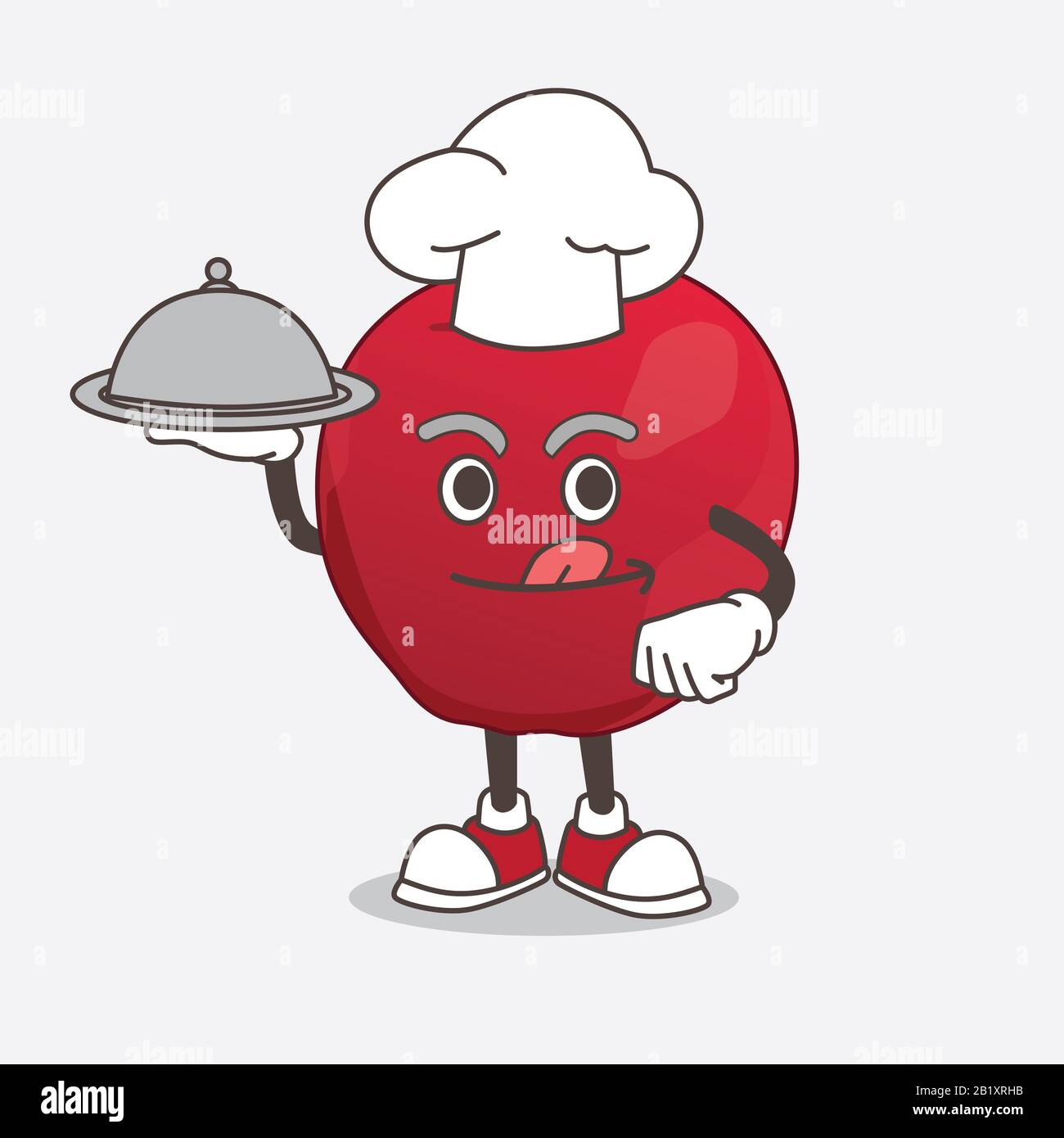 Ein Bild der figur des apple Cartoon-Maskottchens als Koch mit Speisen auf dem Tablett bereit zum servieren Stockfoto