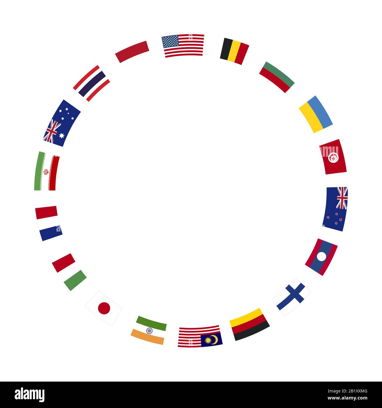 Eine Menge Flaggen souveräner Staaten, die in Runden angeordnet sind Rahmen auf weißem Hintergrund Stock Vektor