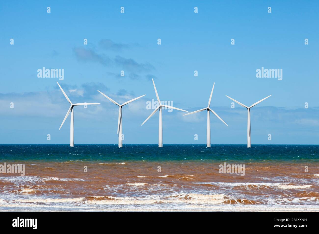 Offshore-Windpark, Windenergieanlagen im Ozean, (digitaler Verbundwerkstoff) Stockfoto