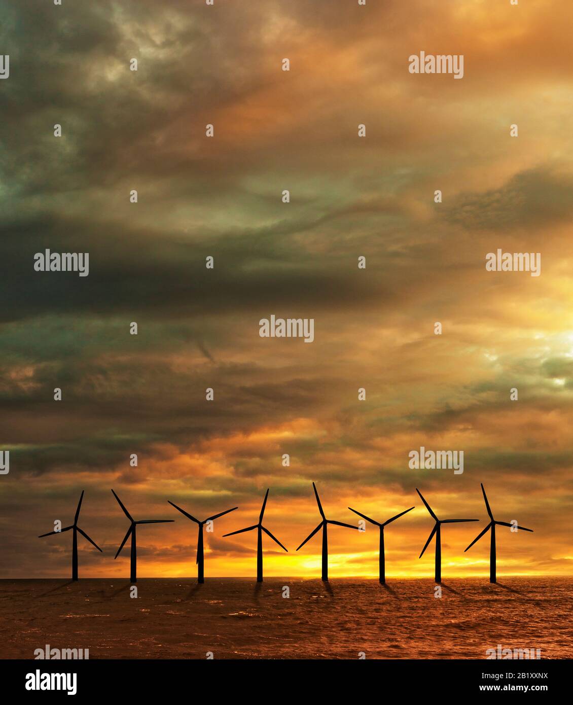Windpark in der Silhouette des Meeres, (digitaler Verbundwerkstoff) Stockfoto