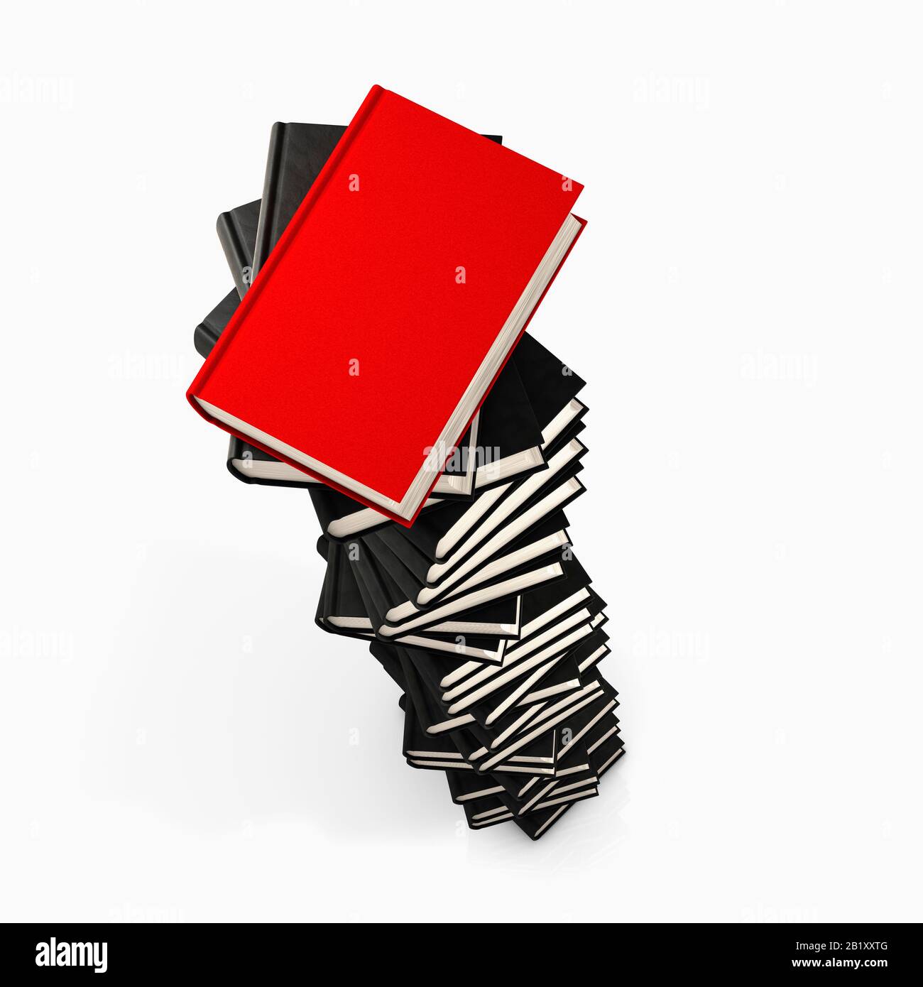 Großer Stapel von Büchern, Buchturm mit leeren schwarzen Einbänden, aber Top-Buch ist rot, Differenz oder Leistungskonzept Stockfoto