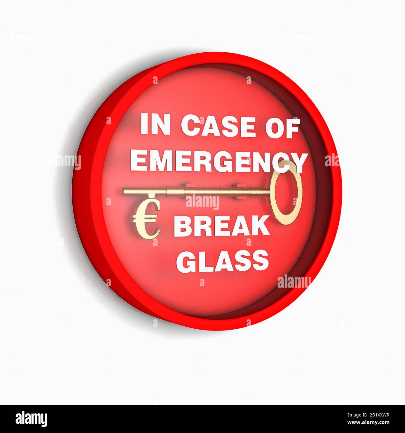 Eine Feueralarmanlage aus Bruchglas mit einem goldenen Schlüssel mit einem Euro-Symbol und einem finanziellen Notfallkonzept Stockfoto