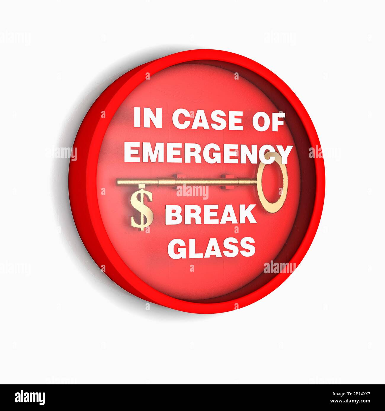 Eine Feueralarmanlage aus Bruchglas mit einem Goldschlüssel mit einem US-Dollar-Symbol und einem finanziellen Notfallkonzept Stockfoto