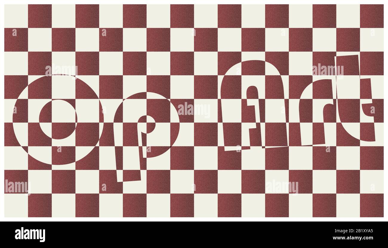 Modernes, minimalistisches geometrisches Kunstwerk. OP Art Insciption on the checkered Pattern background/Texture, Op Art style (Optical Art style). Braun flach Stockfoto