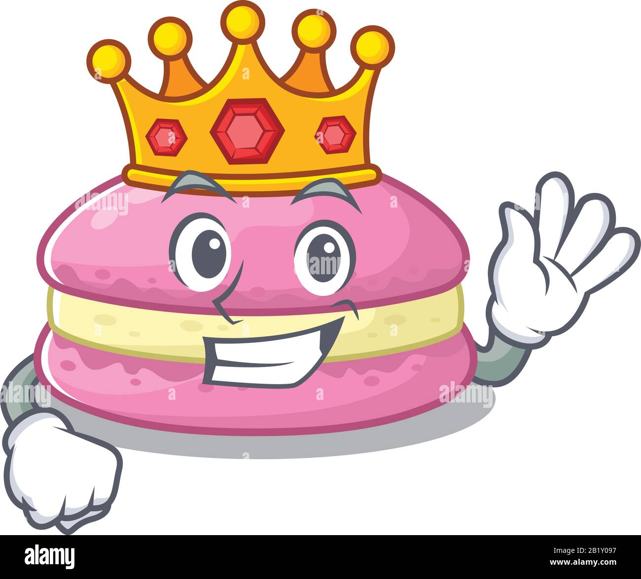 Ein Cartoon-Maskottchen-Design von Erdbeermakaronen trat als König auf der Bühne auf Stock Vektor