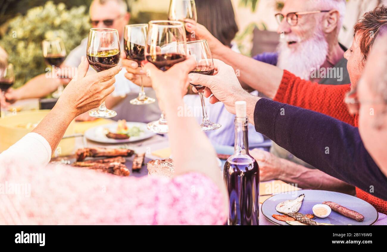 Fröhliche, trendige Familie jubelt mit Rotwein beim Barbecue-Dinner - Verschiedene Altersgruppen, die am sonntag Spaß haben - Fokus auf Glas unten rechts - Stockfoto