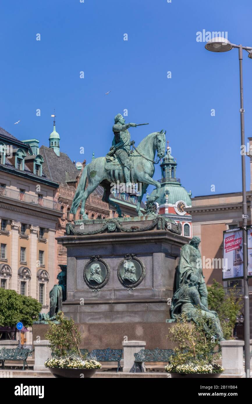 Stockholm, Schweden 7. Juni 2019: Statue des schwedischen Königs Gustav II. Adolf. Öffentlicher Platz im Zentrum von Stockholm Stockfoto