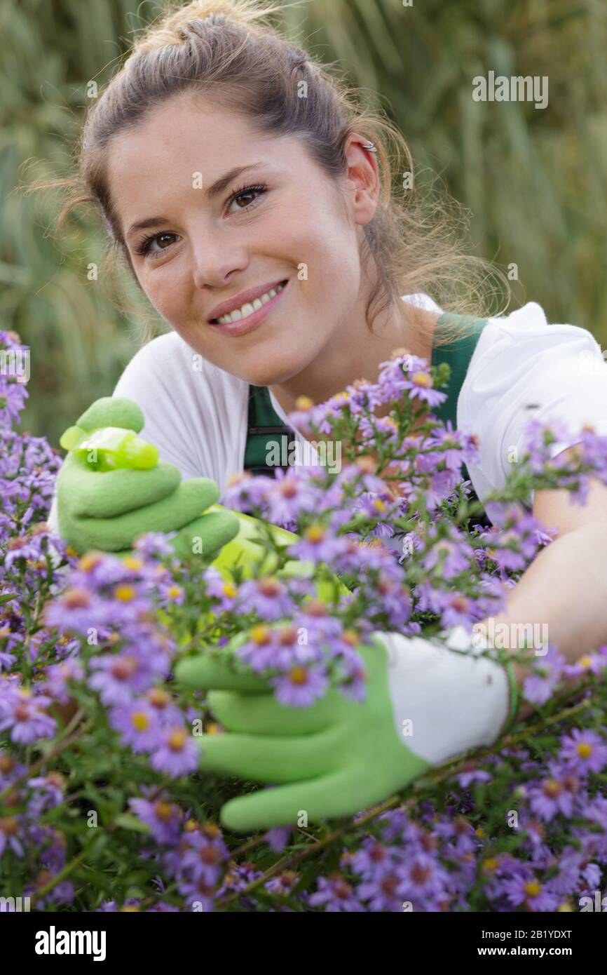 Glückliche Frau, die sich um Blumen kümmert Stockfoto