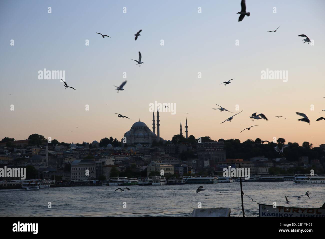 Türkei. Istanbul. Das Goldene Horn von der Galata-Brücke aus gesehen. Sonnenuntergang. Stockfoto
