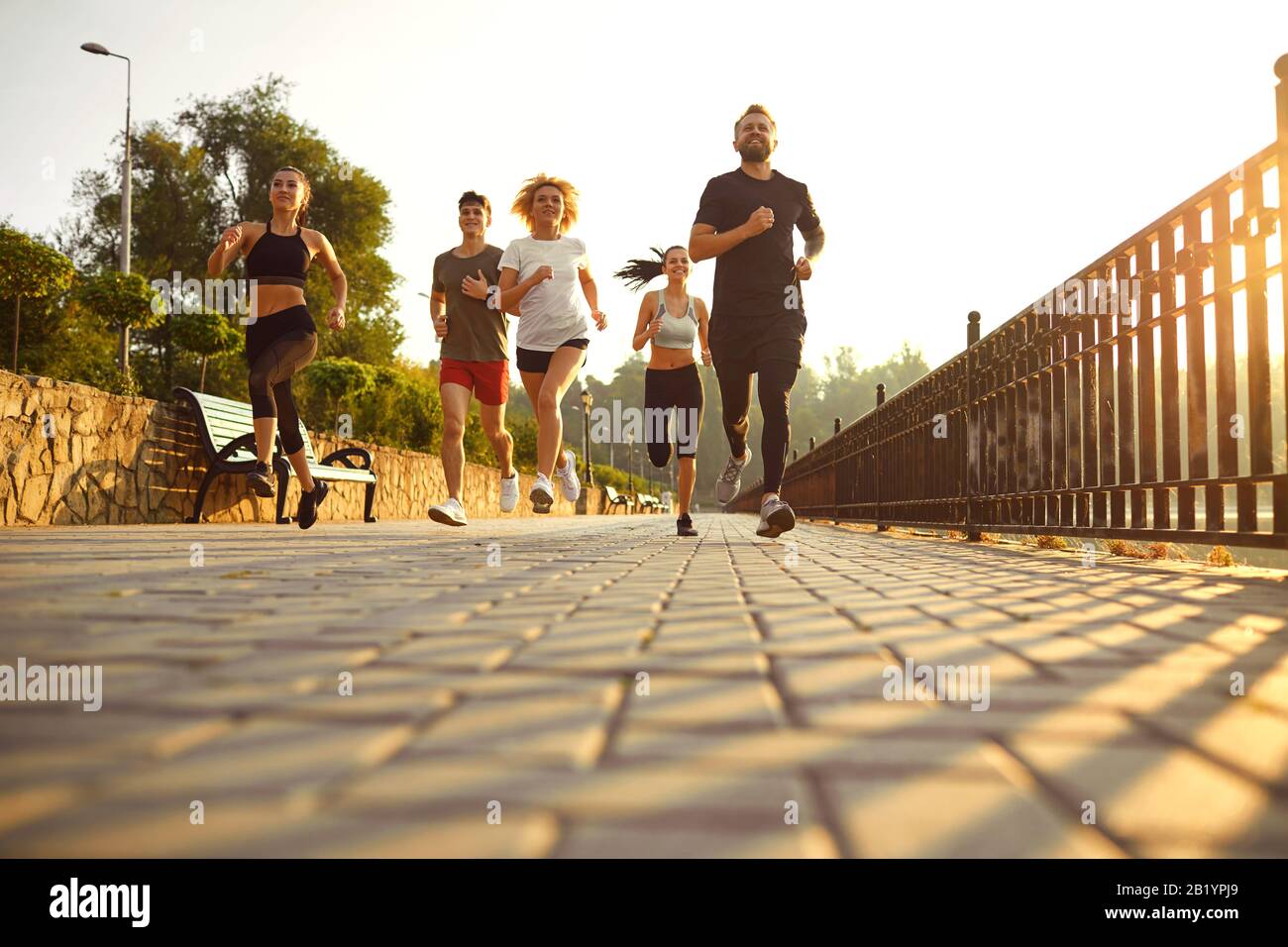 Eine Gruppe glücklicher Freunde, die morgens im Park im Morgengrauen laufen. Stockfoto