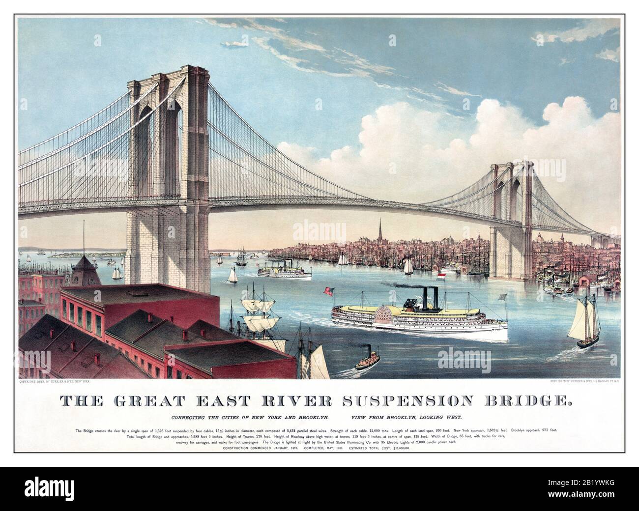 Chromolithograph der Brooklyn Bridge in New York, New York, Vereinigte Staaten, von Currier und Ives von Brooklyn BRIDGE Vintage 1800. Die Hängebrücke Des Great East River. Verbindung zwischen den Städten New York und Brooklyn. Blick von Brooklyn, Blick nach Westen. Dampfpaddelboot Stockfoto