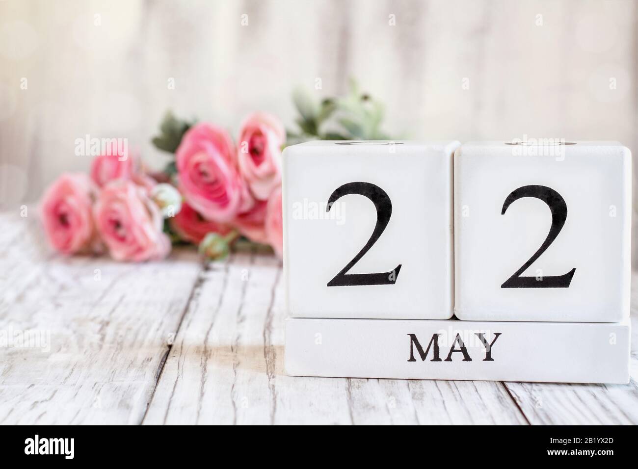 Weiße Holzkalendarkaden mit dem Datum 22. Mai. Selektiver Fokus mit pinkfarbenem Ranunculus im Hintergrund über einem Holztisch. Stockfoto
