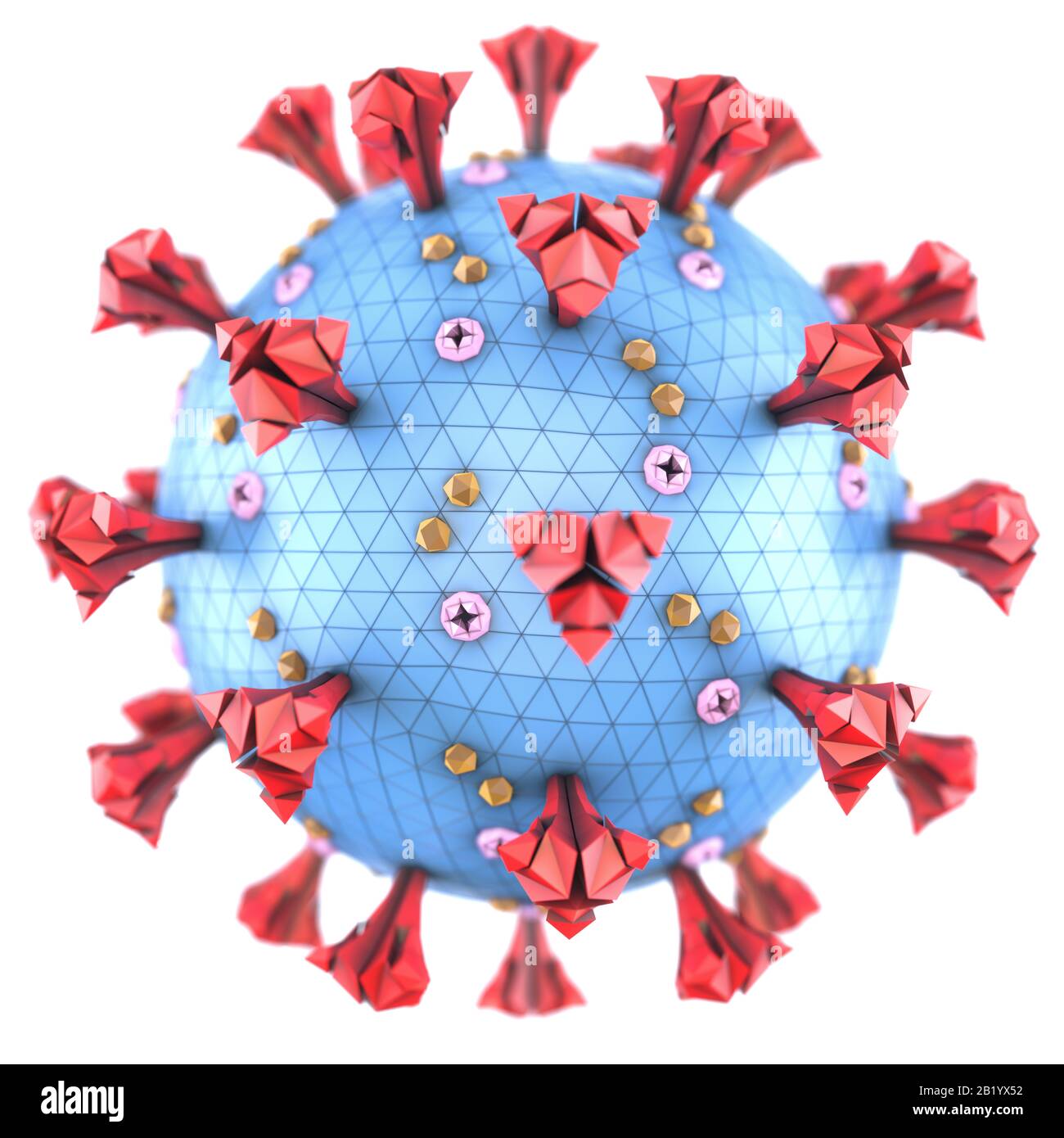 Covid-19, Coronavirus, eine Gruppe von Viren, die Krankheiten bei Säugetieren und Vögeln verursachen. Beim Menschen verursacht das Virus Atemwegsinfektionen. 3D-Abbildung. Stockfoto