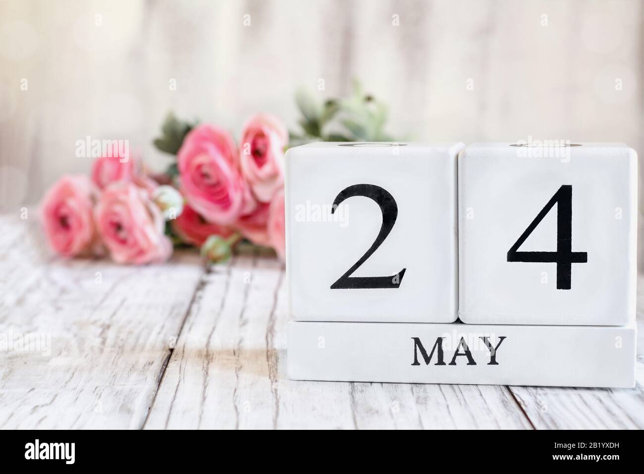 Weiße Holzkalendarkaden mit dem Datum 24. Mai. Selektiver Fokus mit pinkfarbenem Ranunculus im Hintergrund über einem Holztisch. Stockfoto