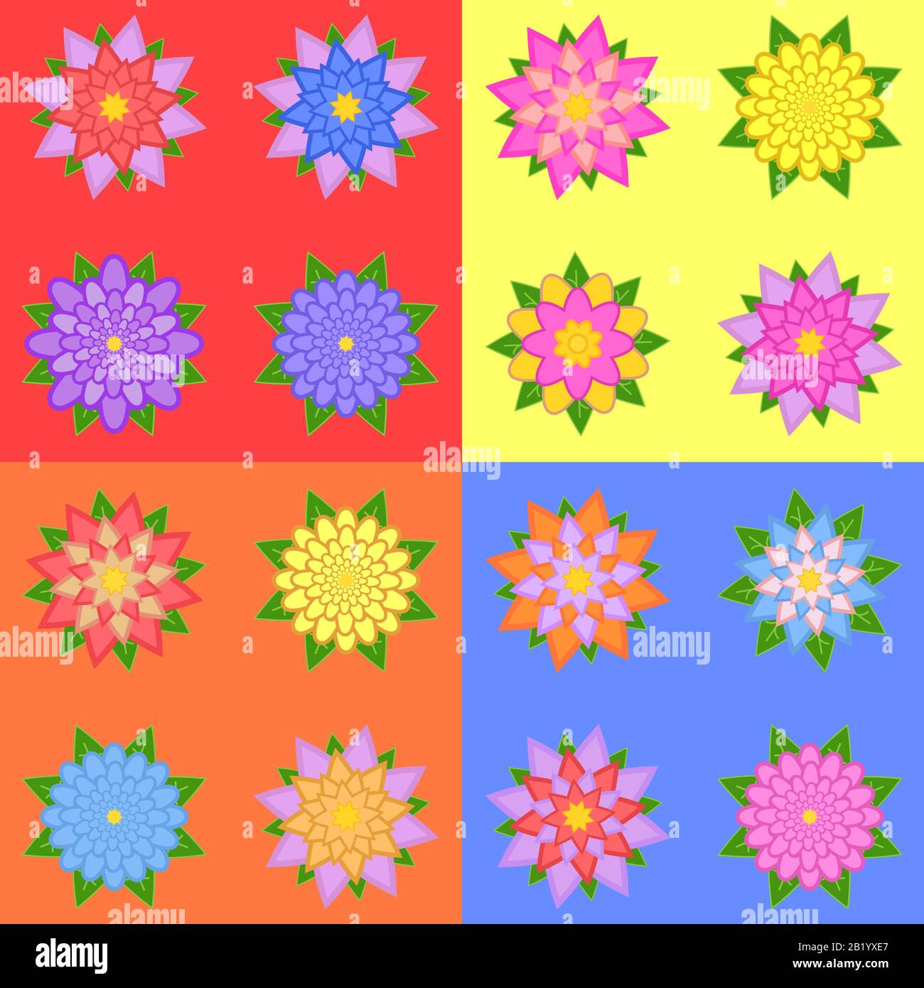 Set aus sechzehn verschiedenen Farben von Blumen isoliert auf einem farbigen Hintergrund Stock Vektor