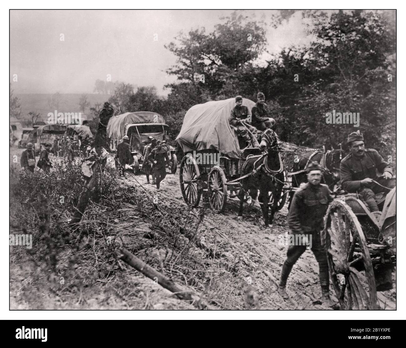 Archiv 1917-18 Weltkrieg American Horse Drawn Supply Column Moving up to The Western Front World war One WW1 First World war American Expeditionary Forces on the Western Front in World war I, 1917-18. Allgemeine Pershing Stockfoto