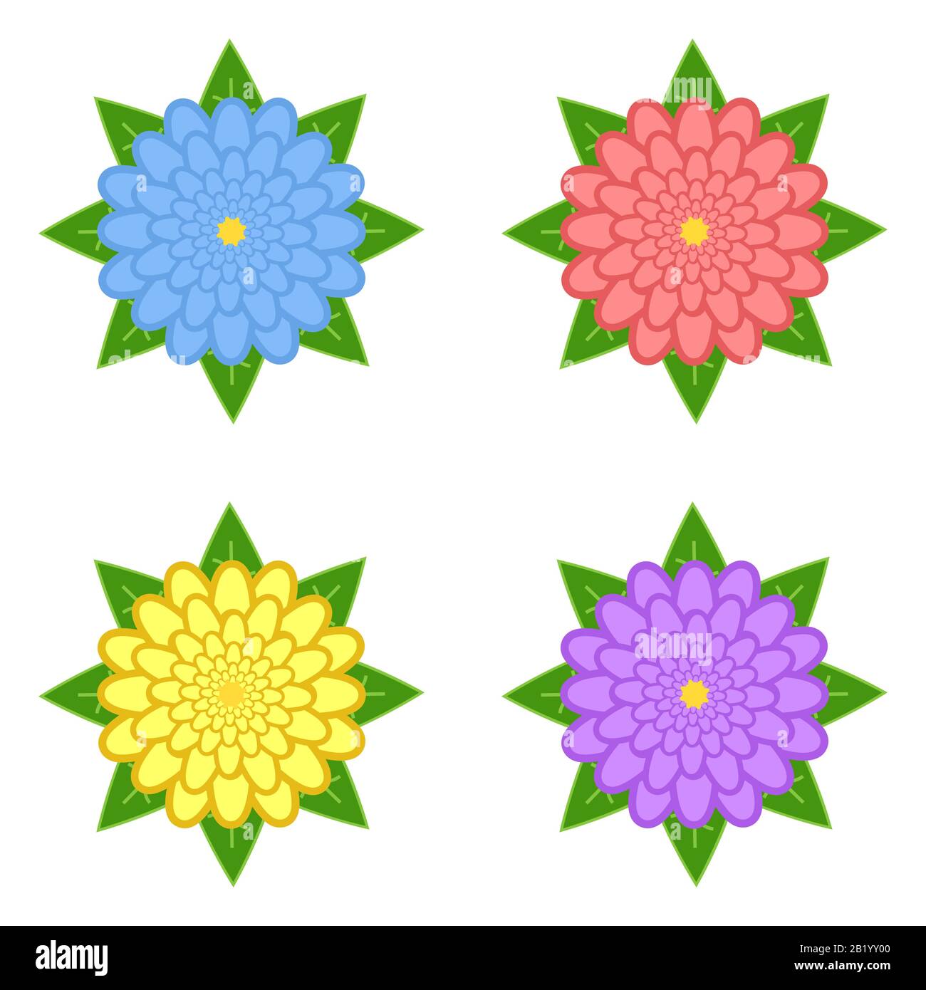 Set aus roten, violetten, gelben, blauen Blumen mit grünen Blättern, isoliert auf weißem Grund. Vier Optionen. Geeignet für die Konstruktion. Stock Vektor