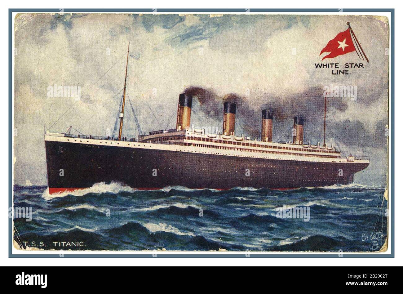TITANIC 1912 ILLUSTRATION Vintage 1912 Titanic Werbeartikel Farbe Postkarte aus Die weiße Sternlinie vor ihrem tragischen Untergang Stockfoto