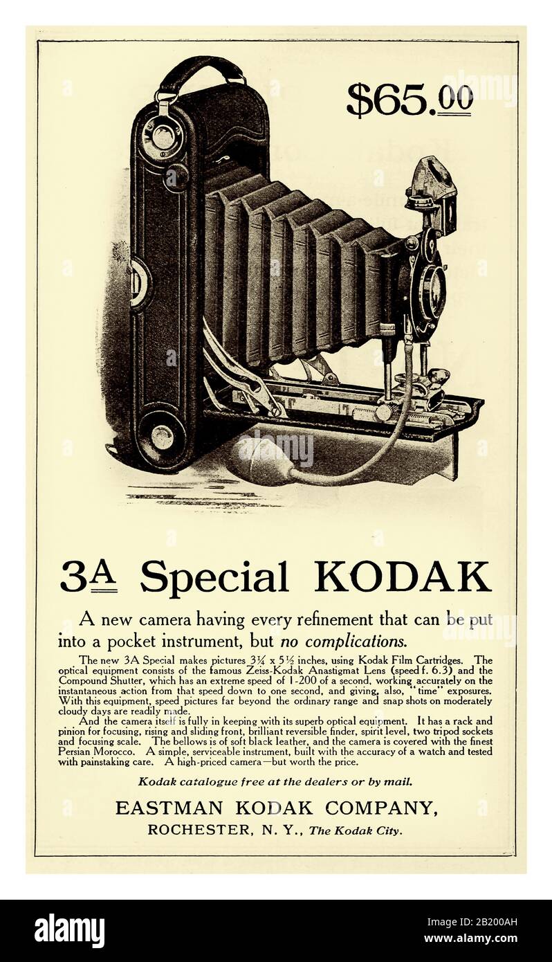 Vintage Page Advertisement für DIE Kodak Folding Camera 3A Special für Kodak 1900 mit einem Preis von 65 US-Dollar, 1911 Eastman Kodak Company Rochester NY Stockfoto