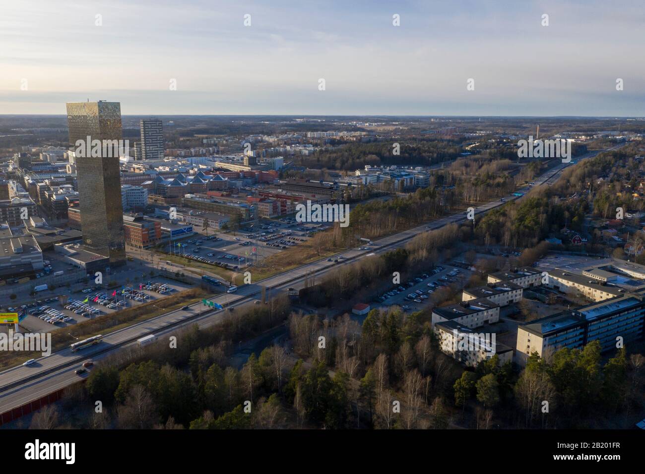 Blick auf Kista mit Victoria-Turm. Stockfoto