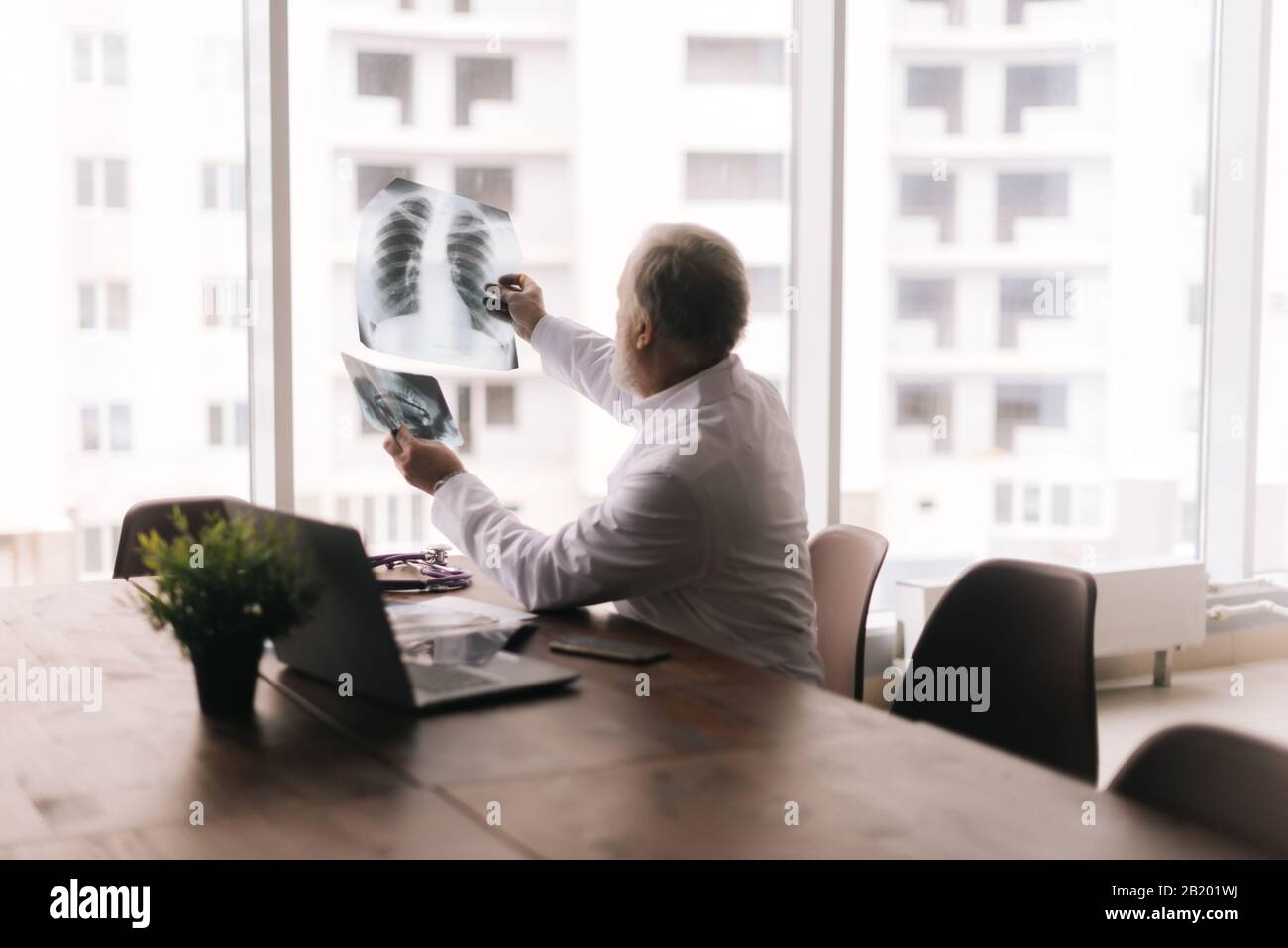 Männlicher Erwachsener, der Röntgen- und MRT-Scan an einem Tisch gegen großes Fenster untersucht Stockfoto