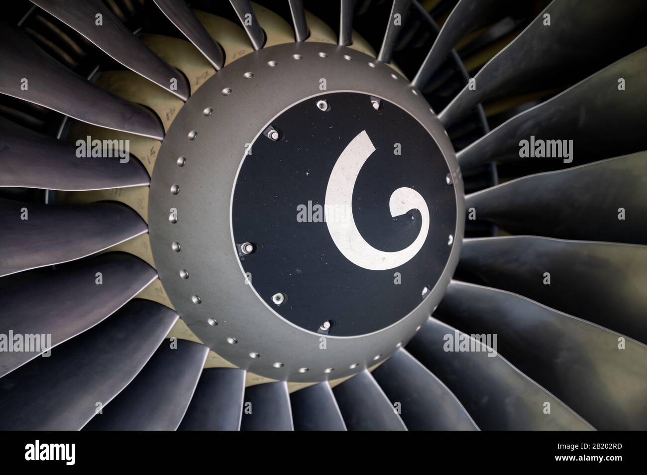 CFM Jet Turbine Flugzeugmotor N1 Lüfter und Spinner Nahaufnahme Stockfoto