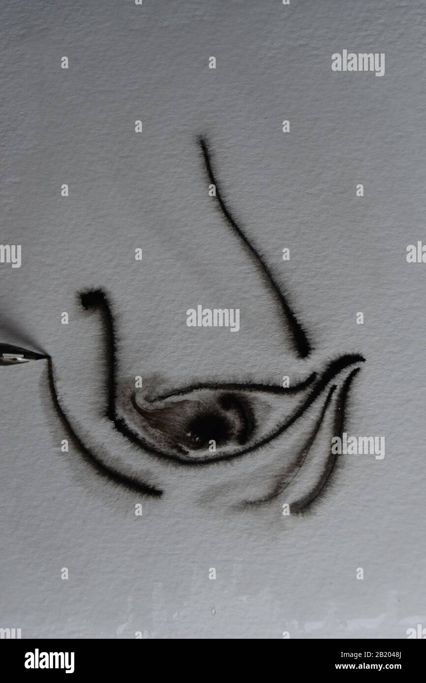 Reihenfolge der Zeichnung mit DIP-Stift in Indien Tinte auf nasses Aquarellpapier mit Tintenverteilung. Stockfoto