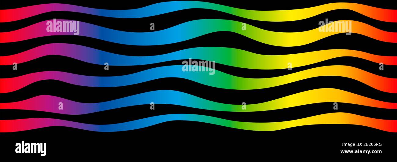Regenbogengradient farbige Wellen. Spektrum der leuchtenden Farben auf schwarzem Hintergrund. Nahtloses, strukturiertes abstraktes Muster. Stockfoto