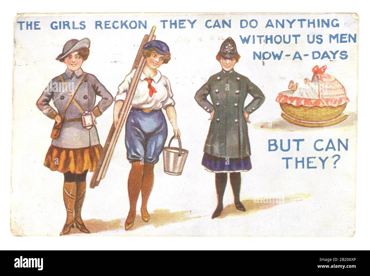Anfang 1900 veröffentlichte die Postkarte aus der britischen Comic-Ära WW1 am 31. Juli 1918. Auf der Postkarte steht: "Die Mädchen rechnen damit, dass sie heute pro Tag alles ohne uns Männer tun können - Aber können sie?" Frauen übernahmen während des "Großen Krieges" Männerrollen hier waren sie als Busleiter, Fensterputzer und bei der Polizei beschäftigt. GROSSBRITANNIEN Stockfoto
