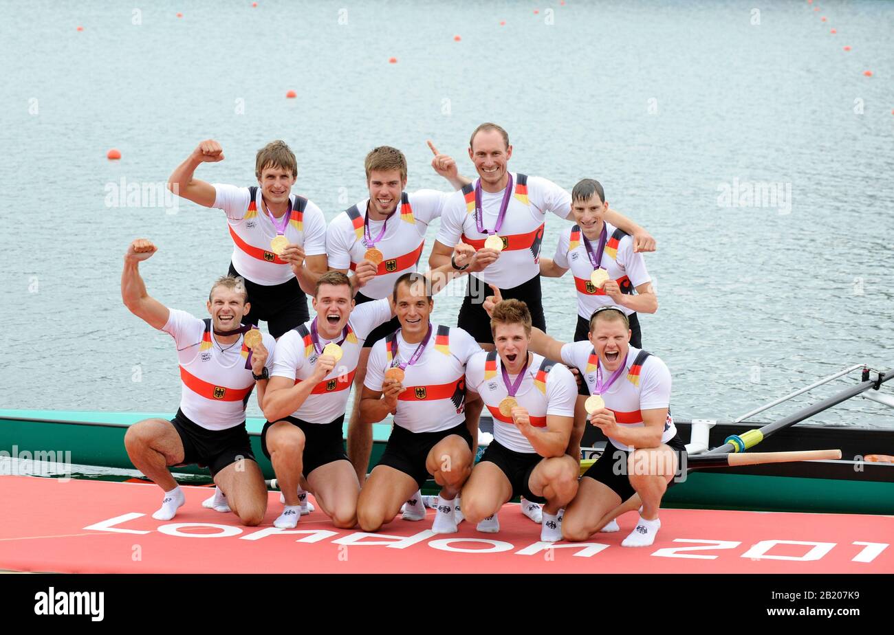 Eton Dorney, Windsor, Großbritannien, 2012 London Olympic Regatta, Dorney Lake. Eton Rowing Center, Berkshire[ Rowing]. Beschreibung; Herren Achter Finale. KEIM8+. Filip ADAMSKI (b) , Andreas KUFFNER (2) , Eric JOHANN (3) , Maximilian REINELT (4) , Richard SCHMIDT (5) , Lukas MUELLER (6) , Florian MENNIGEN (7) , Kristof WILKE (s) , Martin SAUER (c) Dorney Lake. 13:20:25 Mittwoch 01/08/2012. [Pflichtgutschrift: Peter Spurrier/Intersport Images] Dorney Lake, Eton, Großbritannien. Austragungsort, Rowing, 2012 London Olympic Regatta. Stockfoto