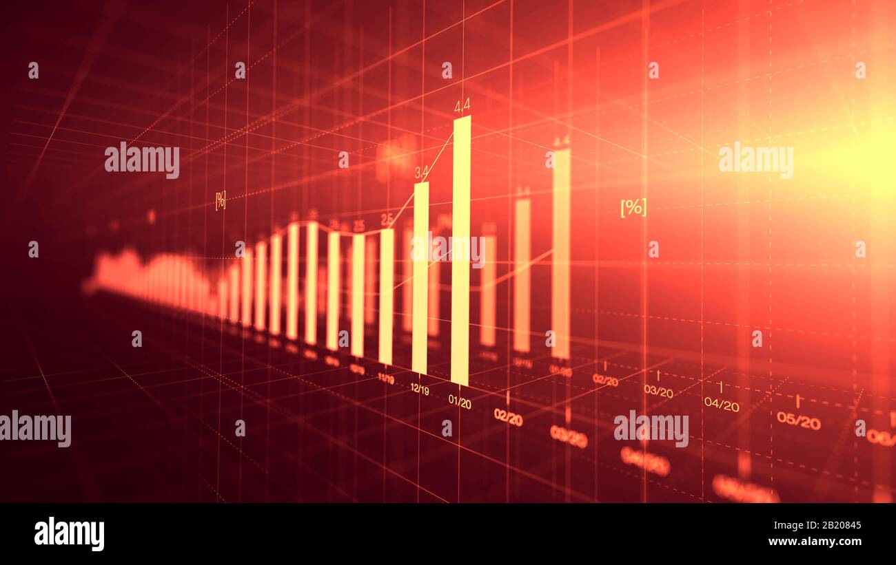 Finanzdiagramm mit Statistiken, sinkenden Preisen, Börsenkrash, Krise, Inflationsrate. Elektronisches Diagramm mit Fluktuations-abstraktem Konzept. Stockfoto