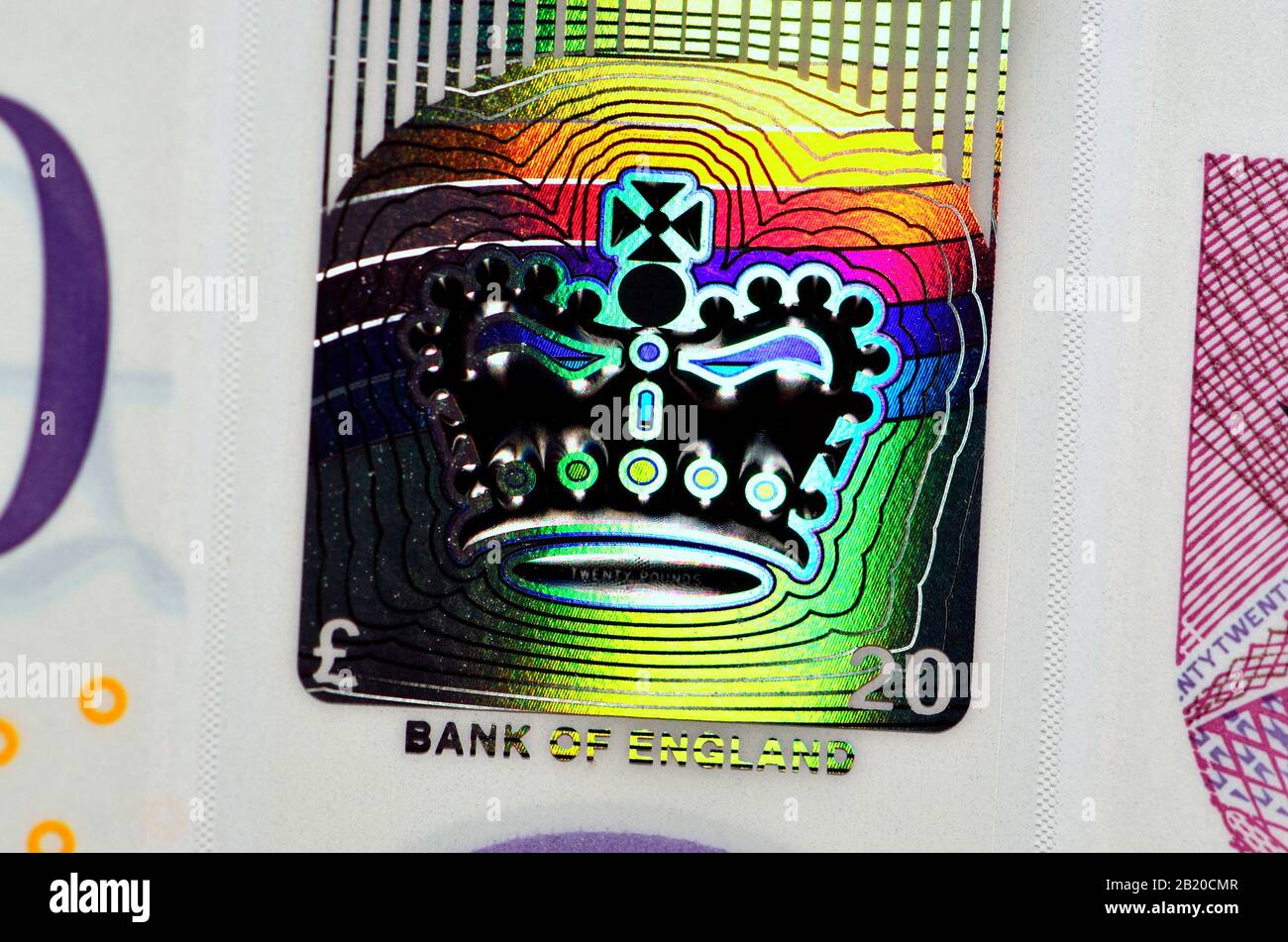 Neues britisches Polymer £20 Note (Feb 2020) Sicherheitsmerkmale: Holographische Krone Stockfoto