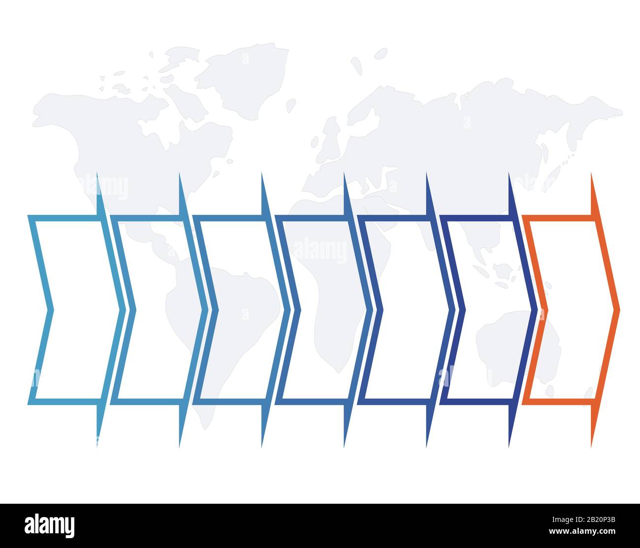 Die Infografik der Chronik mit blauen und orangefarbenen Pfeilen auf der Karte für 7 Positionen kann für Workflow, Banner, Diagramm, Webdesign und Flächendiagramm verwendet werden. Stockfoto